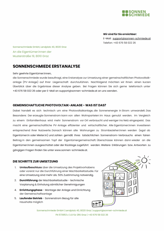 Erfahren Sie mehr über die Erstanalyse der Sonnenschmiede GmbH zur Umsetzung einer gemeinschaftlichen Photovoltaikanlage. Diese innovative Lösung ermöglicht es Eigentümern und Mietern, von lokal erzeugtem Sonnenstrom zu profitieren. Entdecken Sie die Schritte zur Realisierung und die wirtschaftlichen Vorteile für Ihre Liegenschaft.